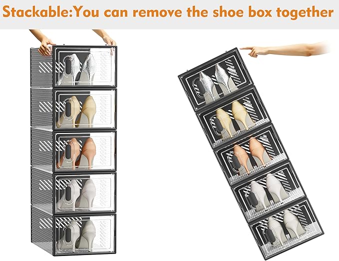 Shoe Storage, 12 Pack Shoe Organizer for Closet, Shoe Boxes Clear Plastic Stackable Shoe Containers with Lids for Size 10, Black