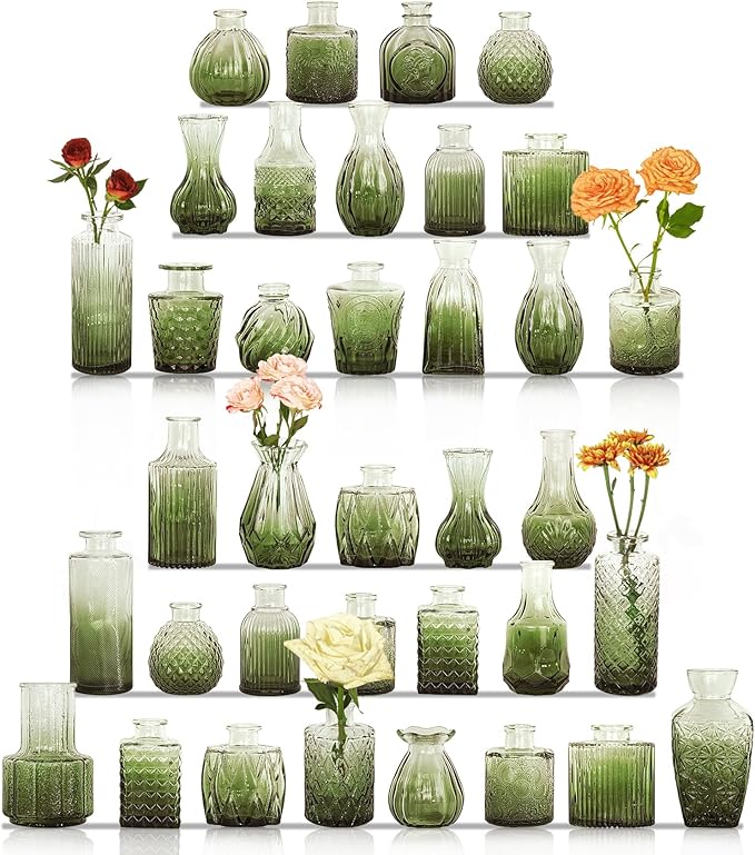 36Pcs Bud Vases Set Small Vintage Glass Bottles Bud Vases in Bulk Multiple Shape Cute Glass Vases for Rustic Wedding Centerpieces Table Decorations and Home Decor(Green)