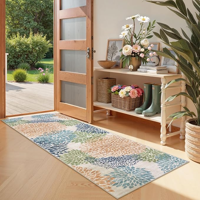 Dahlia Floral Washable Runner Rug for Hallway,2x6 Boho Multicolored Kitchen Runner Rug, Non Slip Fall Low Pile Carpet Runners for Hallway 6ft Bedroom Entryway Laundry,Multi