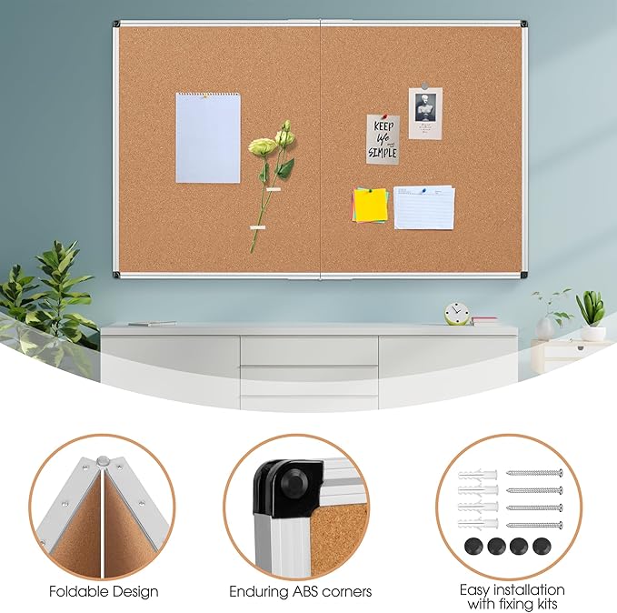 Extra Large Cork Bulletin Board 72" X 48", Foldable Notice Pin Board for Wall, Silver Aluminum Framed 6'x4' Corkboard, Wall Mounted Noticeboard with 36 Push Pins for School, Home & Office