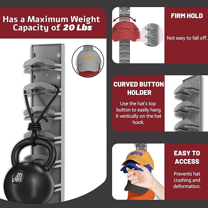 Hat Organizer Hold up to 20 Hats, 2 Pack Hat Rack for Wall with Strong Adhesive, Hat Organizer for Baseball Caps Display for Door Closet, Hat Hanger Holder Multilayer Two Mounting Option(White)