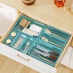WOWBOX 24 PCS Plastic Drawer Organizer Set, 4 Sizes Desk Drawer Organization and Storage Containers for Makeup, Cosmetics, Jewelry and Gadgets in Kitchen, Bathroom, Bedroom, Office, Clear Sea Blue