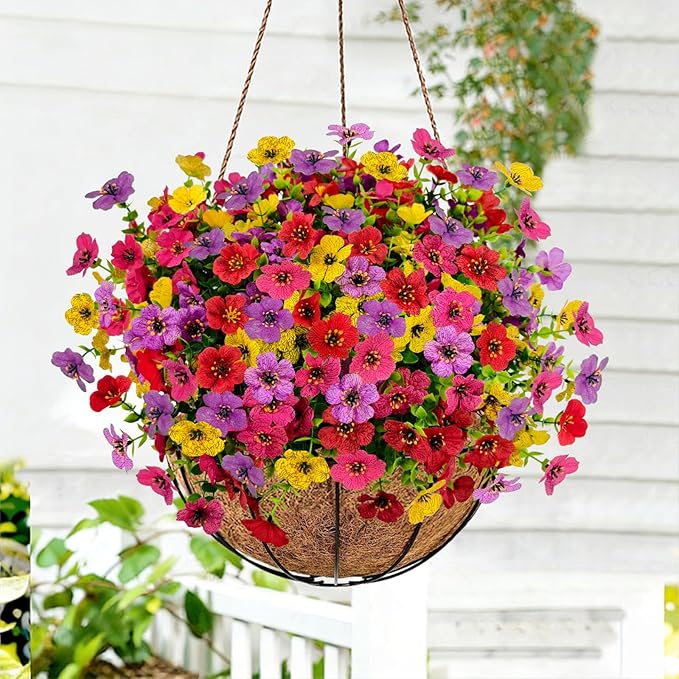 Artificial Flowers for Outdoors, 16 PCS UV Resistant Faux Plants with Fabric Flowers, Colorful Realistic Fake Flowers for Front Porch Garden Patio Balcony Planter Spring Summer Outside Decor