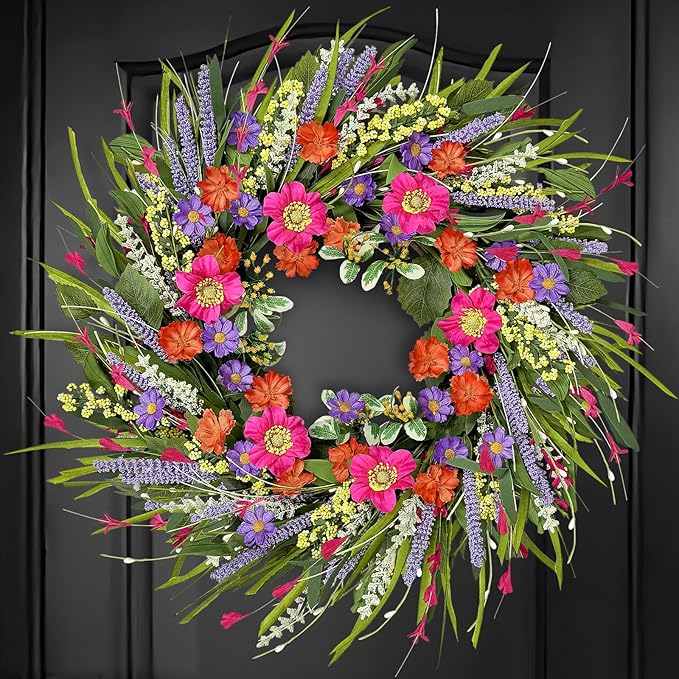 Spring Wreaths for Front Door 24 Inch with Vibrant Lavender and Daisy, Large Spring & Summer Wreath for Door Outside, Year Round Farmhouse Wedding Window Wall Decor, Housewarming Gift