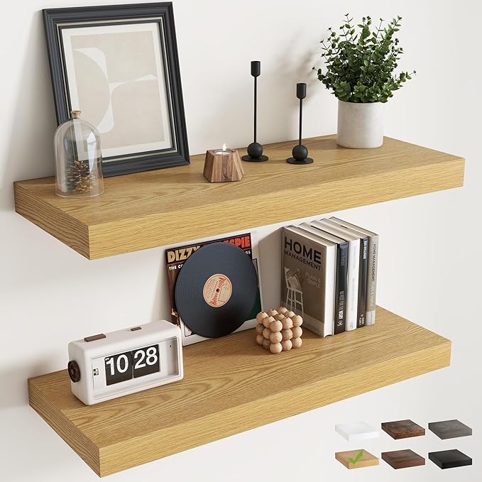 36 Inch Floating Shelves for Wall Set of 2, 12"D Wood Grain Bathroom Shelves with Invisible Brackets, Easy Install Engineered Wood Storage Shelves for Kitchen, Living Room, Bedroom, Oak Finish