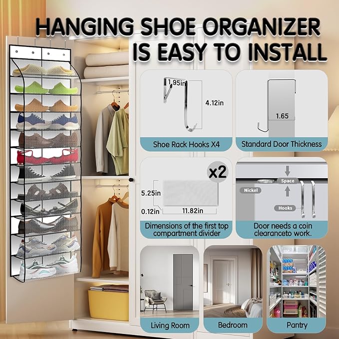 Over The Door Shoe Organizer with 12 Large Breathable Pockets - Durable Hanging Storage for the Entire Family's Shoes (White)