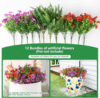 Homsunny Artificial Fake Flowers Plants for Outdoors, 12 Bundles Multicolor Fake Silk Daisy Flowers with Ferns Spring Summer Decor, UV Resisitant Faux Mums for Outside Planter Pot Front Porch Yard
