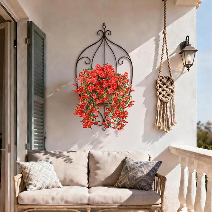 Artificial Hanging Flowers for Outdoors, 4 PCS UV Resistant Faux Plants Silk Realistic 150 Morning Glory Each Vines, Fake Plastic Floral for Garden Patio Spring Summer Decor, Red