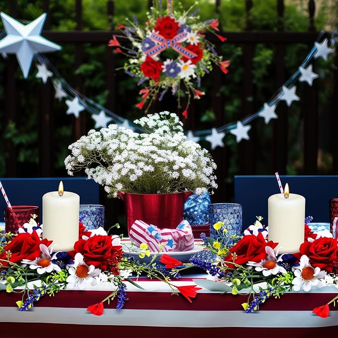 8 PCS Mini Patriotic American Cabinet Wreaths Small Red White and Blue Floral Wreath for Front Door with Ribbon Roses Daisy Forsythia July Independence Day Hanging Wreath for Porch Wall Window Decor