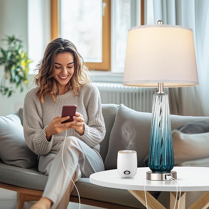 Table Lamps Set of 2 with Touch Control, Modern Glass Bedside Lamps with USB A+C Ports, 3-Way Dimmable Nightstand Lamp with White Fabric Shade, 27.5" Large Lamps for Living Room Bedrooms Decorations
