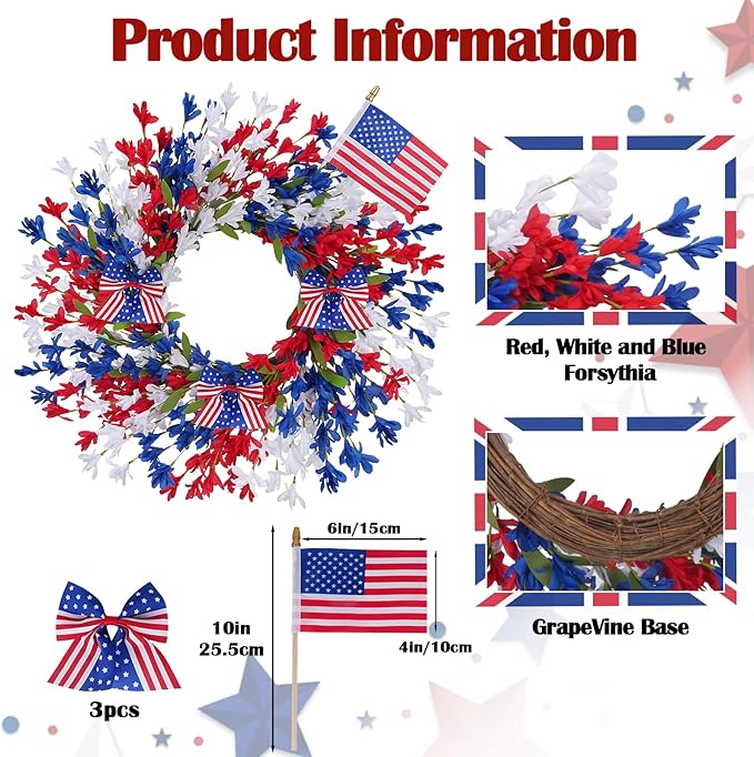 GTIDEA 24'' Patriotic Wreaths for Front Door, American 4th of July Wreath on Grapevine with Red White and Blue Forsythia Flag Bowknot Summer Wreaths for Home Wall Memorial Day Independence Day Decor