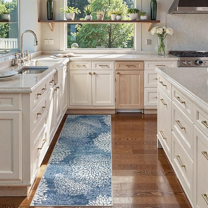 Dahlia Washable Runners for Hallways, 2x6 Blue Floral Kitchen Runner Rug,Non Slip Low Plie Hallway Rug,Boho Soft Non Shedding Carpet Runner for Bathroom Bedroom Laundry,Blue