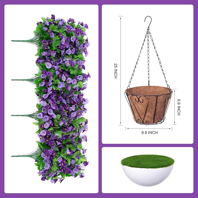 Artificial Flowers with Hanging Basket, Outdoor Faux Plants Silk Morning Glory Vines, Fake Green Arrangement for Garden Patio Spring Summer Decor(Purple)