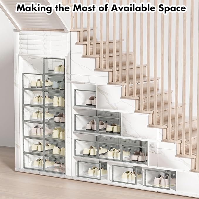 Shoe Storage Box, 15 Pack Clear Plastic Stackable Shoe Organizer for Closet, Interlocking Design Shoe Container Bins for Sneakers, Foldable Shoe Rack with Lids, Gray