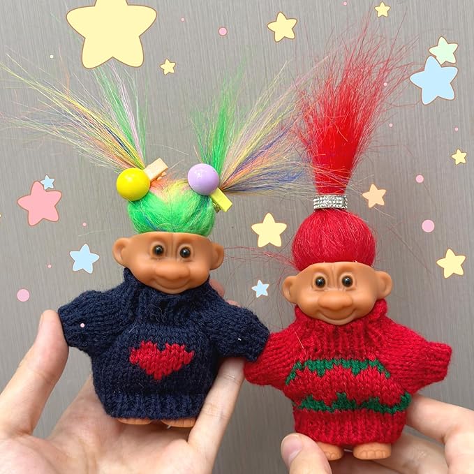 Retro Vintage Lucky Troll Dolls Assorted Hair Colors Chromatic Adorable for Collections, School Project, Arts and Crafts, Party Favors (Red)
