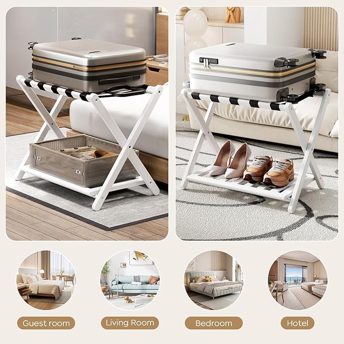Luggage Rack for Guest Room - Set of 2 Full Assembled 26.77" L Luggage Rack Stand for Suitcases, Foldable Luggage Holder with Shoe Shelf for Bedroom, Hotel (White Bamboo Suitcase Stands)