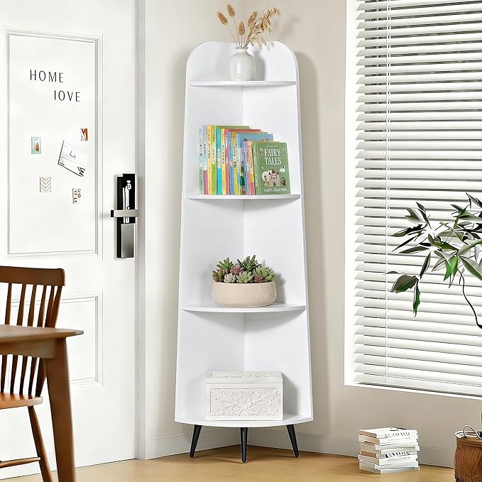VECELO Large Tall Corner Shelf, 66.93" H 4-Tier Corner Storage Organizer, Freestanding Corner Display Rack for Living Room Bedroom Home Office, White