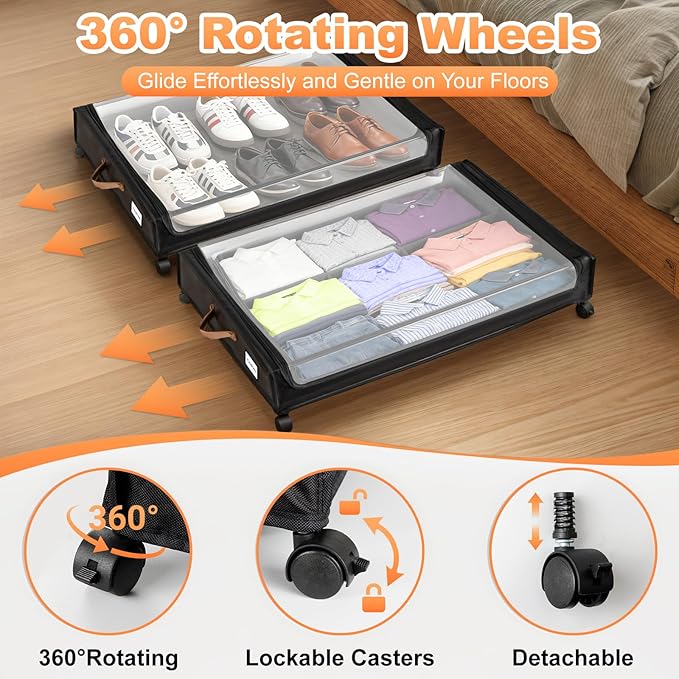 Larger Under Bed Storage with Wheels, 2-Pack XXL Underbed Shoe Storage with Clear Lid, Easy Pull-out Rolling Under Bed Storage Containers, Underbed Storage Bins for Clothes, Shoes, Black