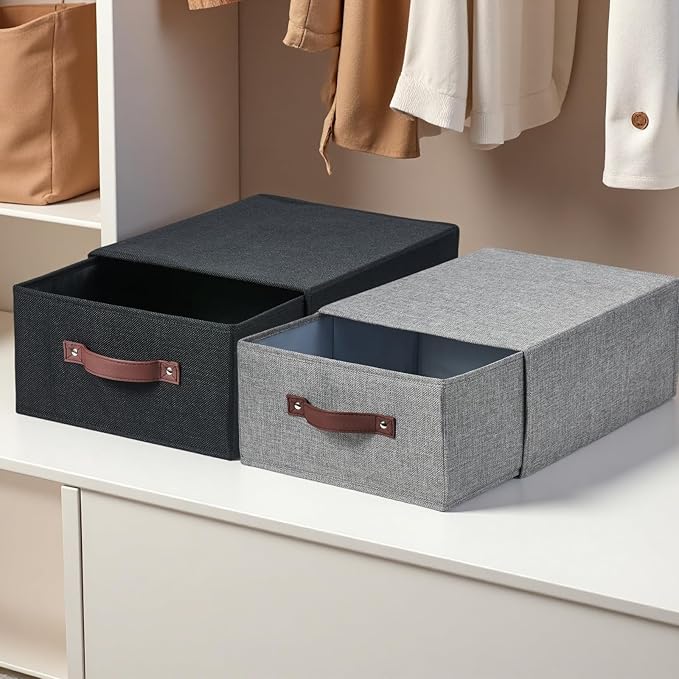 2PCS Closet Drawer Organizer Stackable Fabric Storage Boxes Bins Baskets with Lid PU Leather Handles Foldable Washable Cotton Linen Wardrobe Shelf Cloth Towels Container (Gray, Large)