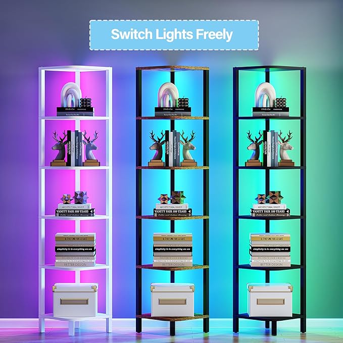 TUTOTAK Corner Shelf with LED Light, 6-Tier Corner Bookshelf for Small Space, Narrow Display Corner Shelf Stand with Storage Rack, for Living Room, Bedroom, Rustic Brown BS08BB006L