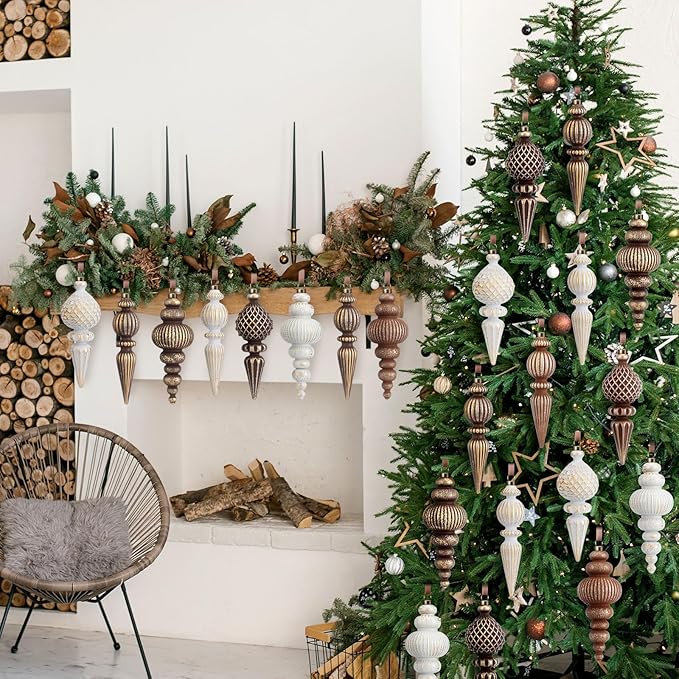 Yunlly 18 Pcs Neutral Christmas Ornaments Textured Christmas Tree Decor with Hanging Loop Modern Brown Hanging Ornaments Finial Shatterproof Decor for Xmas Tree Vintage Rustic Ivory Farmhouse