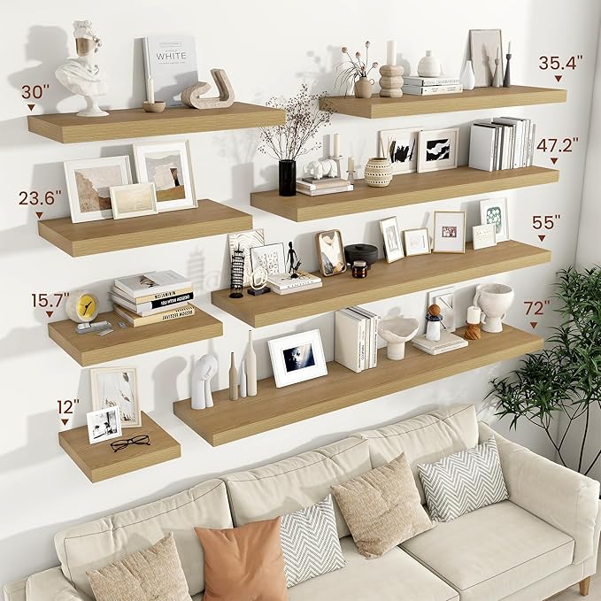 Vivelove 12 Inch Deep Floating Shelves 36 inch Long, 2 Inch Thick Wall Shelves with Invisible Brackets, Shelf for Bedroom Bathroom Living Room Kitchen Office Home Decor, Modern Shelf Set of 2, Oak