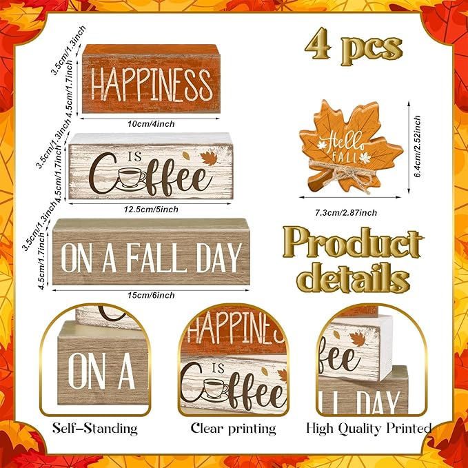 Lineshading 4 Pcs Fall Decoration for Home Wooden Maple Leaf Thanksgiving Table Centerpiece Thanksgiving Tiered Tray Decor Rustic Decorative Maple Leaf Block Signs Farmhouse Autumn Decor for Kitchen