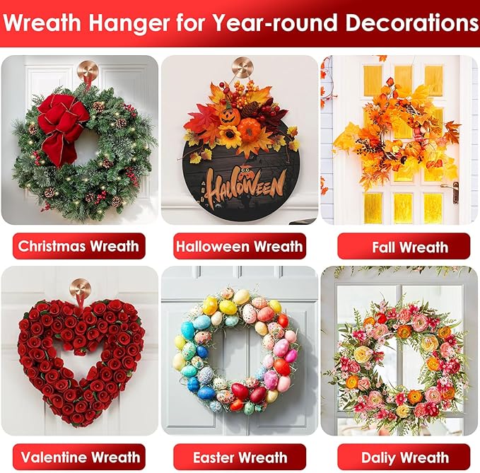 Bronze Wreath Hangers for Front Door, 22 LB Heavy Duty Suction Cup Wreath Hooks for Halloween Fall Christmas Decorations, Strong Removable Wreath Holders, Garland Hangers for Door Frame Window Glass