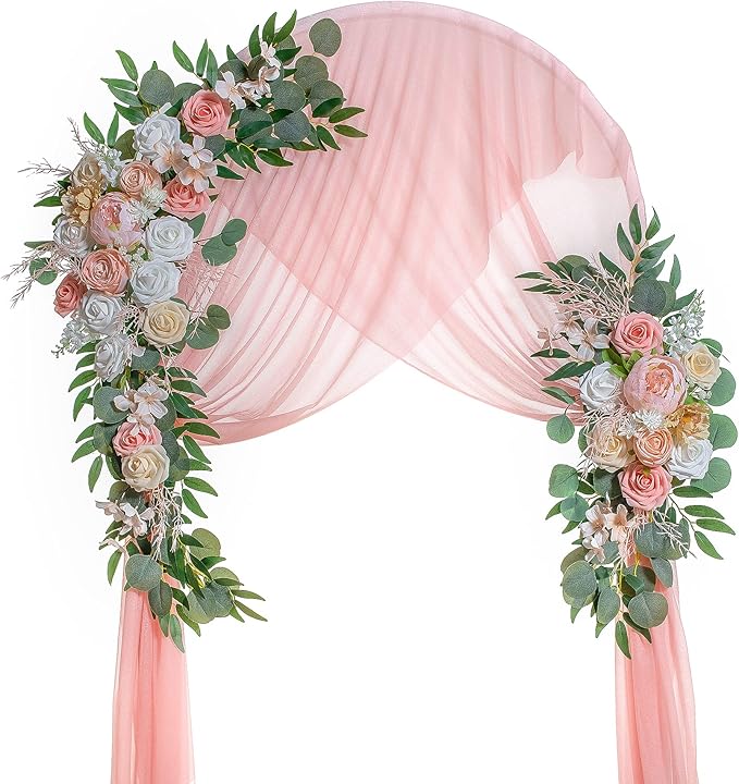Lisuun Wedding Arch Flowers, Artificial Flowers for Decoration, 2pcs Flower Swag and 1 pcs Semi-Sheer Chiffon Table Runner Swag for Beautiful Dream Wedding Ceremony Floral Decor - Pack of 3
