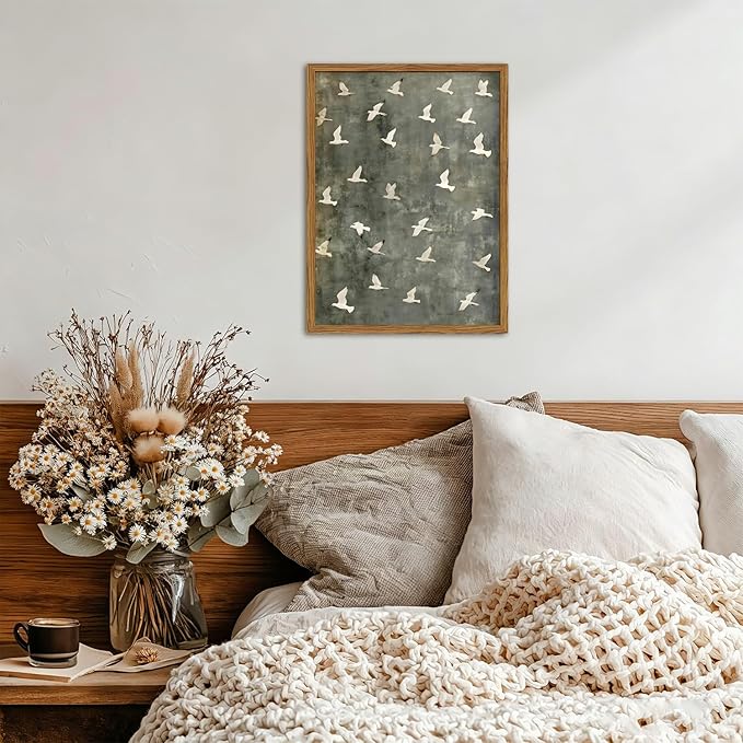 Framed Vintage Flying Bird Canvas Wall Art, Minimalist Abstract Flock of White Birds Pictures Wall Decor, Cottagecore Nature Wildlife Prints Paintings for Living Room Bedroom Home Office 16x24 inch