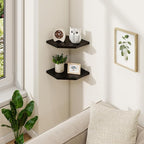 Fun Memories Corner Shelf Wall Mount, Solid Oak Wood Floating Corner Shelves with Cable Hole, 8.5in Rustic Design for Bedroom, Bathroom, Kitchen, Living Room (Black, 1 Pack)