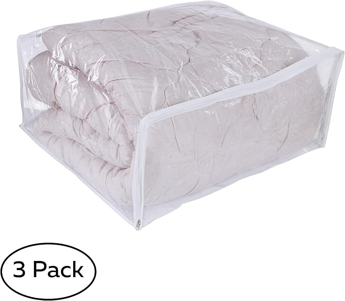 NUYKOUY Clear Vinyl Storage Bags with Zipper 24x20x11 Inch, Clothes Bag Organizer, Space Saver PVC Comforter Clear Storage Bags for Blanket, King Size Pillows Storage,Linen Storage (3 Pack.)