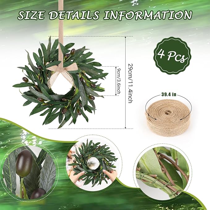 4 Pcs Artificial Green Olive Wreaths Greenery Wreath with Olive Leaves Mini Green Kitchen Cabinet Wreaths Swag Spring Summer Wreath for Front Door Porch Wall Window Farmhouse Wedding Decoration