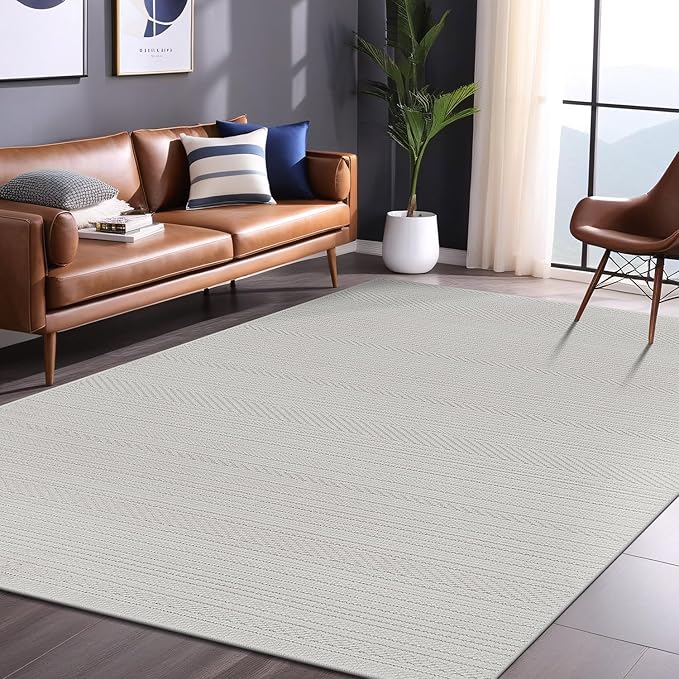 Micro Loop Indoor Rug White 5x7 Boho Geometric Neutral Area Rugs for Living Room Soft Luxury Modern Low and High Pile Durable Stain Resistant Non-Shedding Indoor Area Carpet 5 x 7