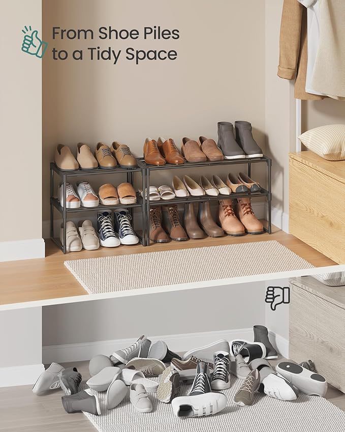 SONGMICS Shoe Rack, 2-Tier Shoe Organizer, Metal Storage Shelf, Upright or Upside Down, for 3-6 Pairs, Stackable, for Entryway, 11.8 x 16.7 x 14.8 Inches, Black ULSA002B01
