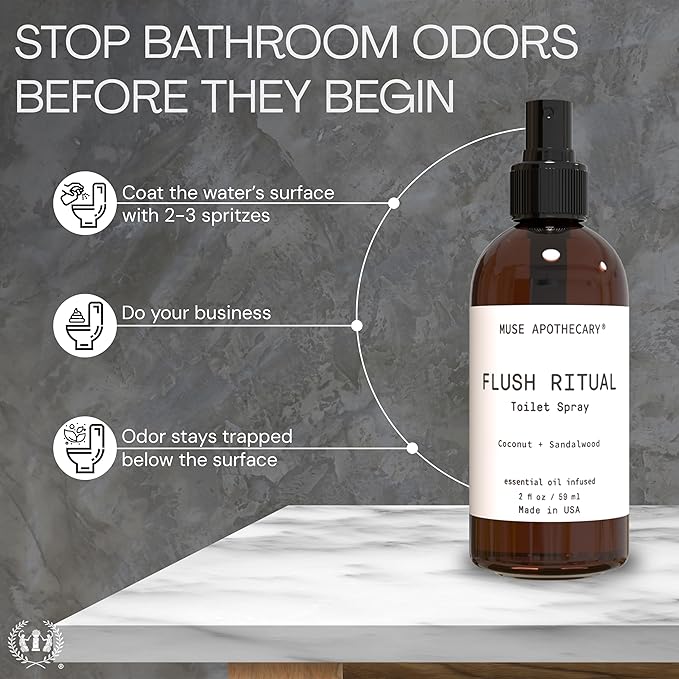 Muse Apothecary Flush Ritual - Aromatic & Refreshing Toilet Spray, Use Before You Go, 2 oz, Infused with Natural Essential Oils - Coconut + Sandalwood, 2 Pack