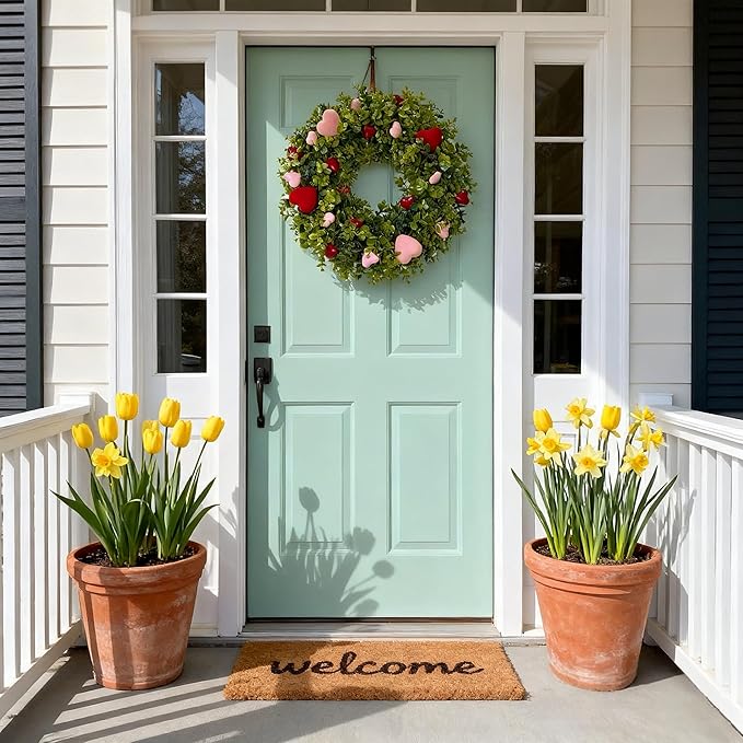 HipTree 18 Inch Spring Mothers Day Heart Wreath for Front Door,Artificial Boxwood Wreath with Flocked Pink & Red Hearts- Romantic for Valentines Day,Anniversary,Wedding,Indoor Outdoor and Wall Decor