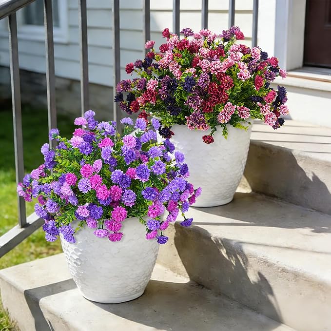 Artificial Flowers for Spring Outdoors Decoration, Fake Silk Marigold Flower with Look Real Eucalyptus Leaves UV Resistant Faux Plants for Garden Porch Planter Patio Balcony Yard Home Decor
