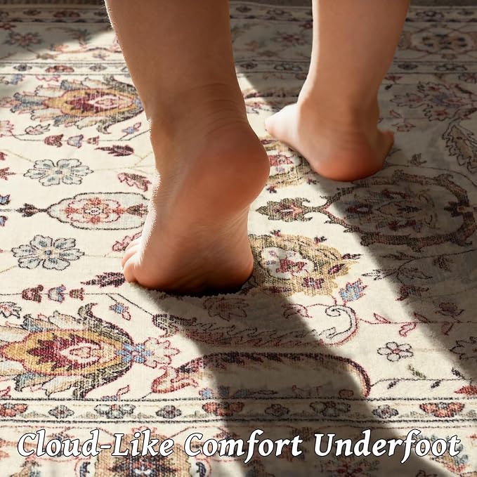 Washable 2x3 Entryway Rug, Boho Non-Slip Door Mat Vintage Distress Small Rugs for Kitchen Nursery Office Bedroom, 0.3" Neutral Oriental Throw Carpet with Cushioning Pad,Beige/Rust/Green/Multi