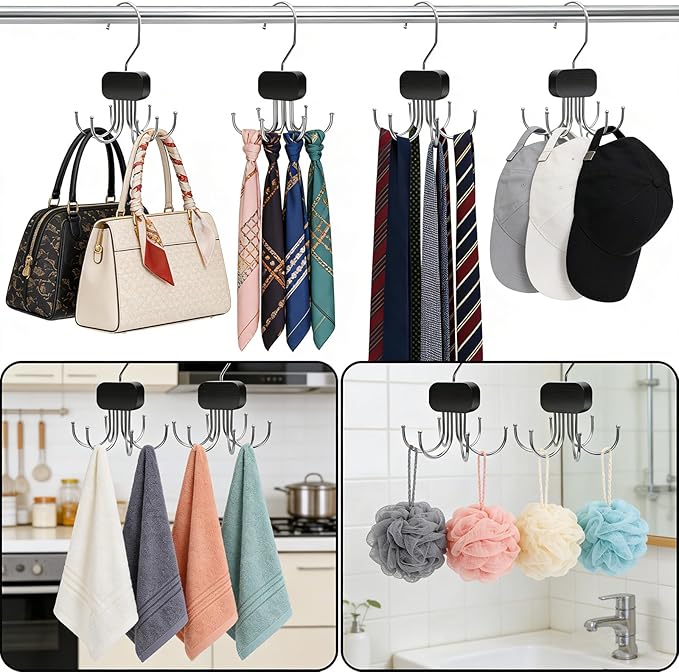 3 Pack Belt Hanger for Closet Organizer, 2026 Upgraded Tie Hangers for Space Saving & Storage, 360° Rotatable & Foldable Hooks, Large Capacity Rack for Tank Top, Bra, Purse (Black)