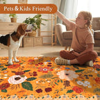 U'Artlines 6x9ft Fall Floral Area Rug, Machine Washable Ultra Soft Low Pile Non Slip Non Shedding Accent Floor Carpet for Living Room, Bedroom, Dining Room, Office (Orange)