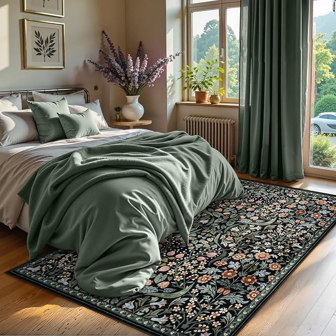 Moynesa Floral 5x7 Living Room Area Rug, Soft Washable Rugs for Bedroom, Non Slip Ultra Thin Boho Rug Botanical Stain Resistant Floor Carpet for Dining Room Home Office, Black