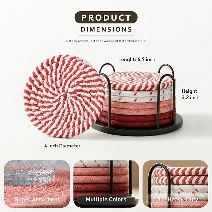 Lazebox Coasters Set of 8 for Drinks, 4 Inch Large Coasters for Coffee Table, Tabletop Protection for Hot & Cold Drinks, Versatile Coasters for Home Decor, Non-Slip & Easy to Clean, Red