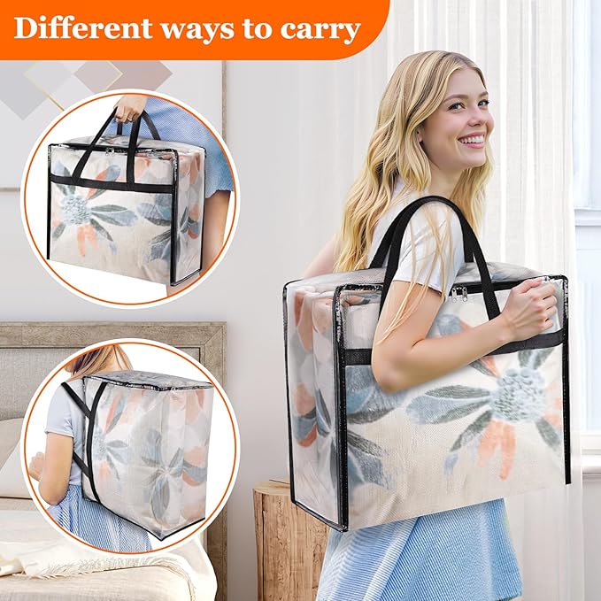 8 Pack Clear Storage Bags for Comforter, Clothes & Bedding, Plastic Blanket Storage with Zipper and Handle, Moving Bags, Closet Organizer and Under-Bed Storage (90L)