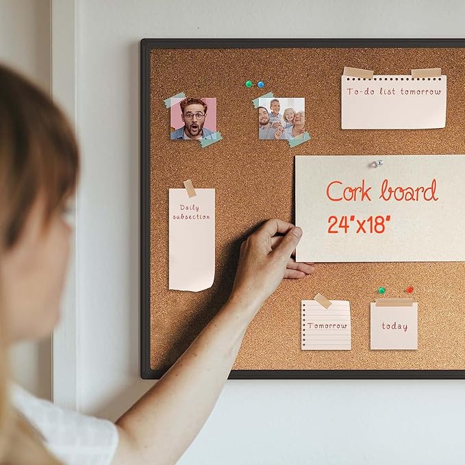 2-Pack Cork Board Bulletin Board 24 x 18, Black Aluminium Framed Corkboard, Office Board for Wall Cork, Large Wall Mounted Notice Pin Board with 32 Push Pins for School, Home & Office