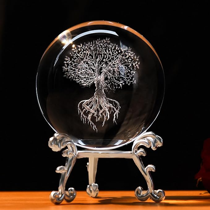 IFOLAINA 3D Tree of Life Crystal Ball with Stand Laser Engraved Glass Ball Tree of Life Decor Decorative Globes 3D Crystal Plant Sphere Gifts for Her Birthday