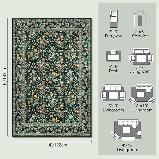 Vintage Botanical Dark Green Area Rug 4x6 Elegant Floral Pattern, Durable Stain-Resistant Fabric, Perfect for Living Room, Bedroom, Dining Room Decor