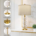 Oneach 25" Glass Table Lamps Set of 2, Gold Modern Table Lamps with USB Ports for Living Room, Linen Shade Bedside Lamps for Bedroom, Nightstand, Side Table (Bulbs not Included)