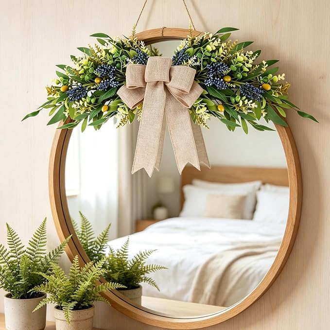 Floral Swag for Front Door Greenery Teardrop Swag Artificial Eucalyptus Olive Leaves Mixed Berry Swag with Bow Summer Wreath for Farmhouse Wedding Arch Party Wall Home Indoor Outdoor Holiday Decor