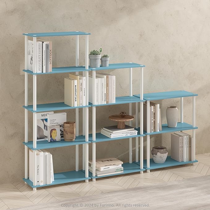 Furinno Turn-N-Tube Book Shelf, 3-Tier Bookshelf, Bookcase with Multipurpose Compact Display Rack, 11.6 x 23.6 x 29.6, for Living Room, Bedroom, Home Office, Light Blue/White